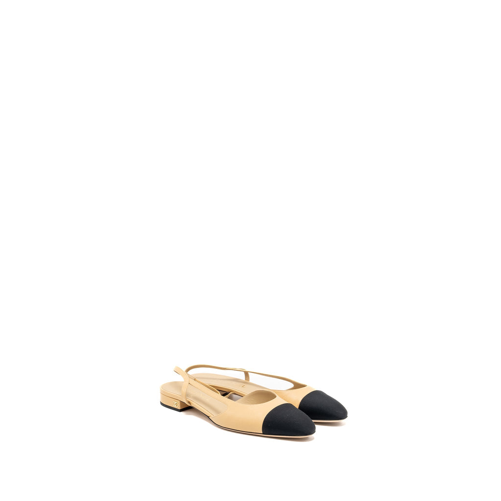 CHANEL SLINGBACK FLATS CALFSKIN BEIGE/BLACK