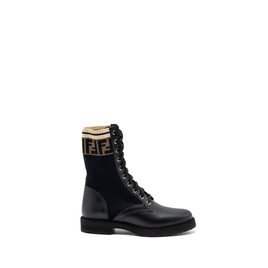 FENDI BIKER BOOTS LEATHER/ COTTON BLACK MULTICOLOUR