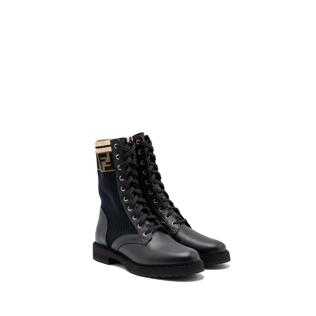 FENDI BIKER BOOTS LEATHER/ COTTON BLACK MULTICOLOUR