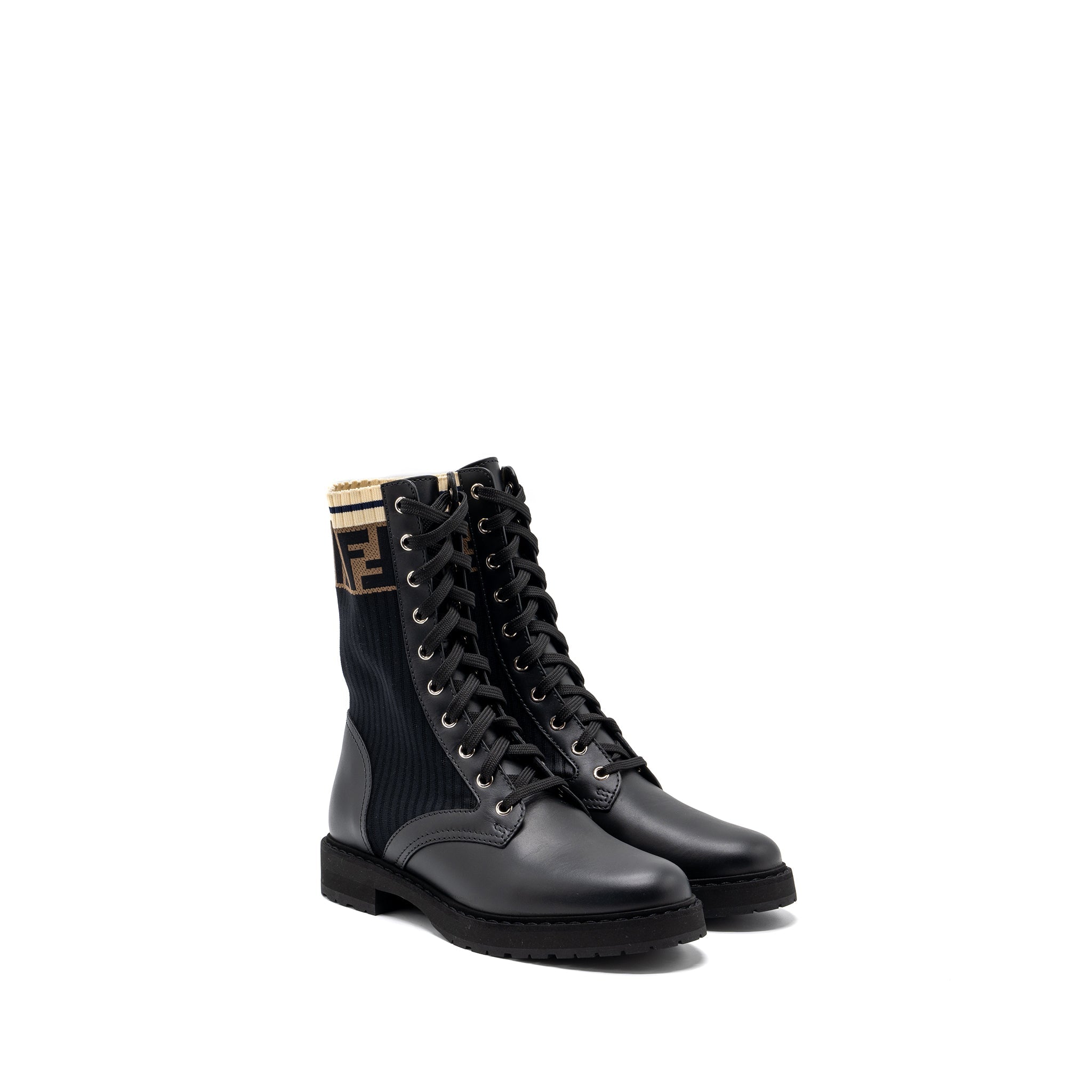 FENDI BIKER BOOTS LEATHER/ COTTON BLACK MULTICOLOUR