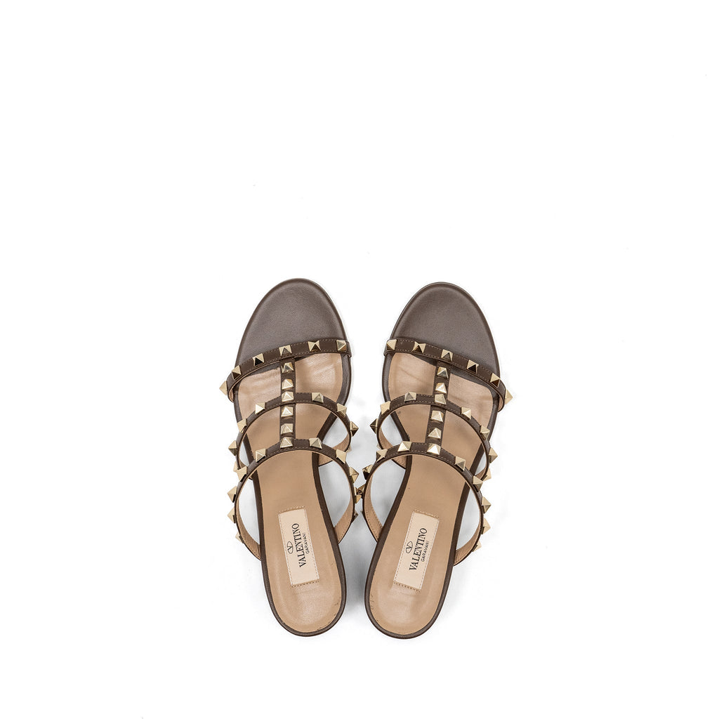 VALENTINO GARAVANI ROCKSTUD SLIDE SANDALS CALFSKIN BROWN