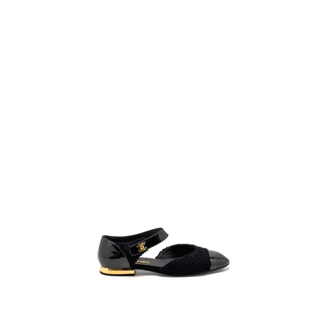 CHANEL 21K CC LOGO BALLERINAS TWEED/PATENT CALFSKIN BLACK GHW