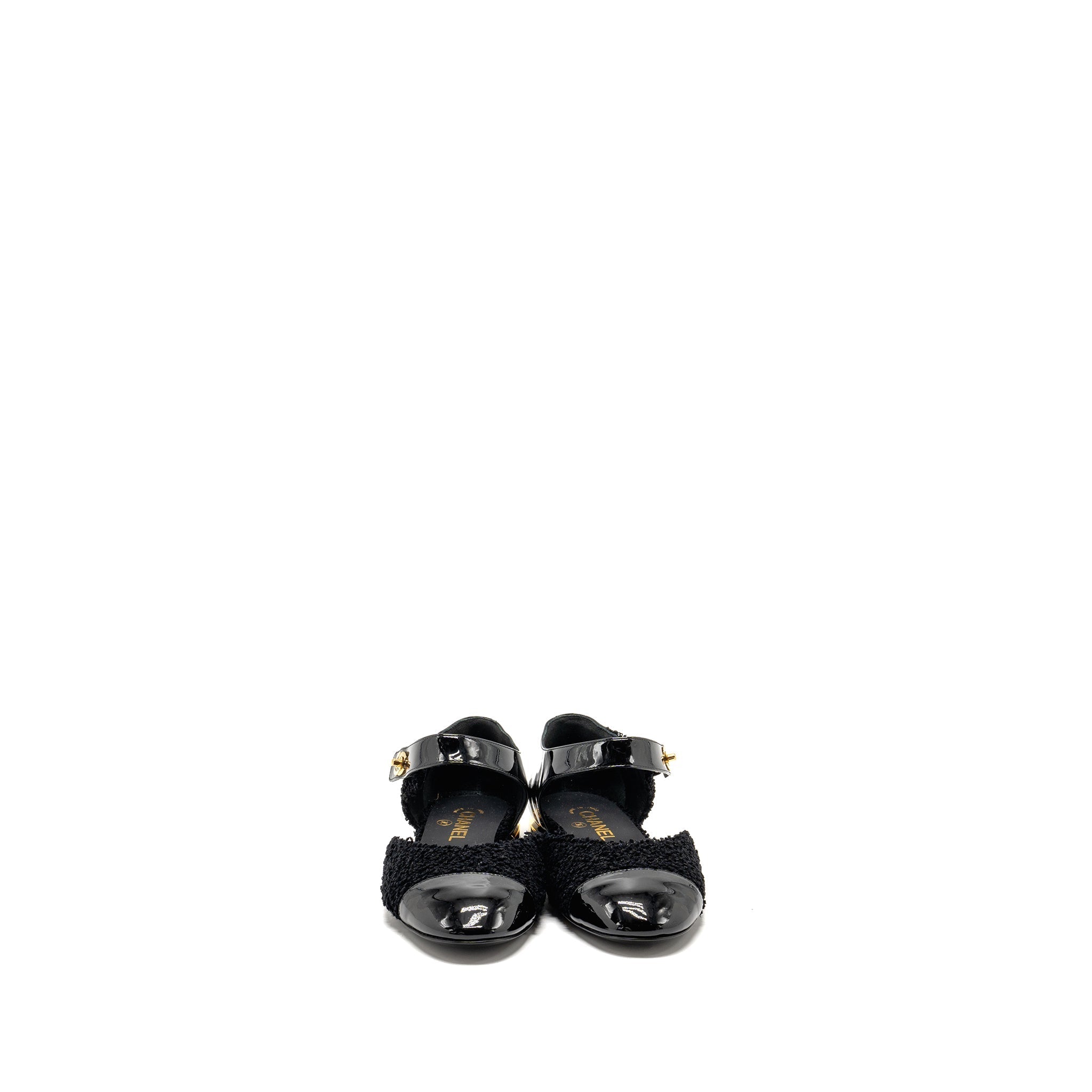 CHANEL 21K CC LOGO BALLERINAS TWEED/PATENT CALFSKIN BLACK GHW
