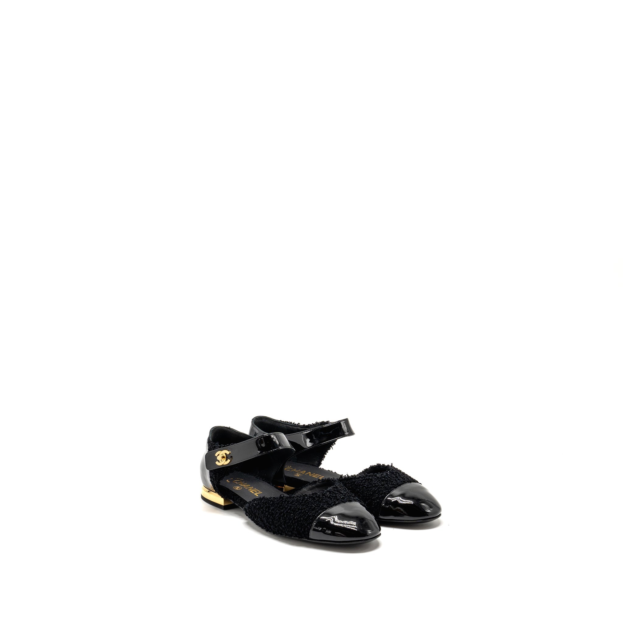 CHANEL 21K CC LOGO BALLERINAS TWEED/PATENT CALFSKIN BLACK GHW