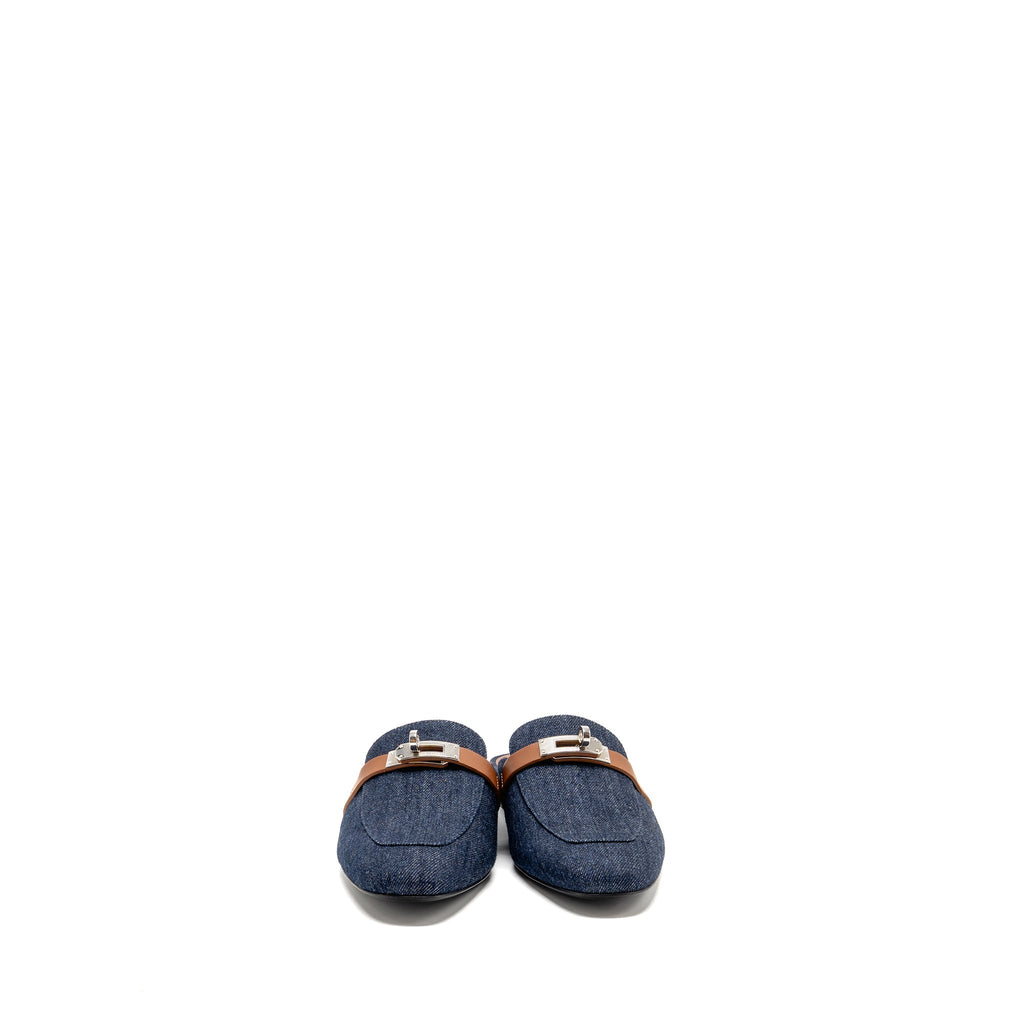 HERMES OZ MULE CALFSKIN/DENIM CANVAS BLEU BRUT/GOLD SHW