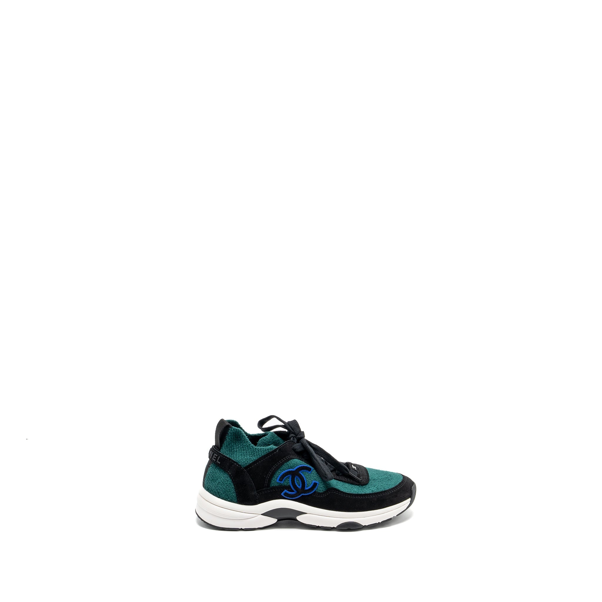 CHANEL CC LOGO SNEAKERS SUEDE/KNIT FABRIC GREEN/BLACK