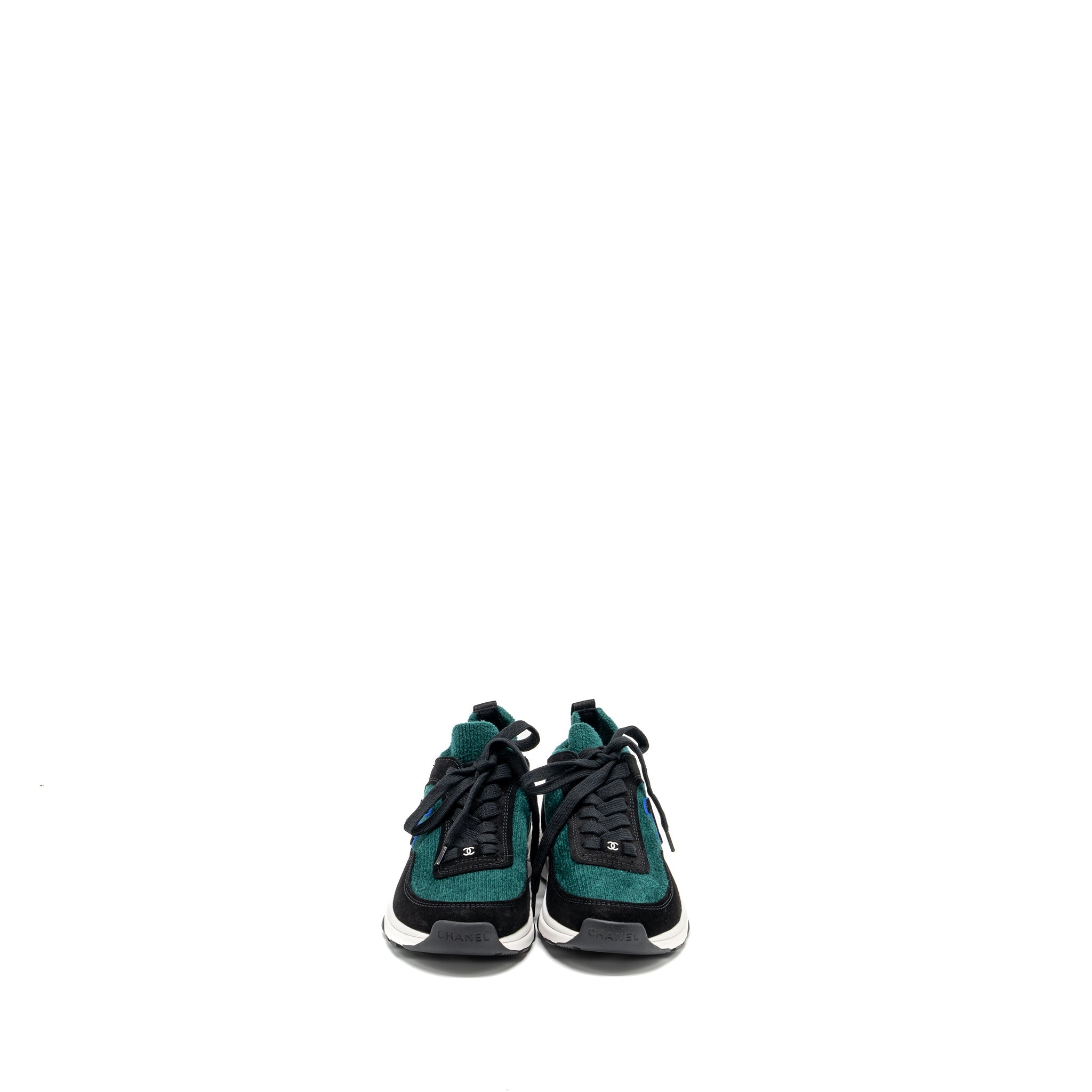 CHANEL CC LOGO SNEAKERS SUEDE/KNIT FABRIC GREEN/BLACK