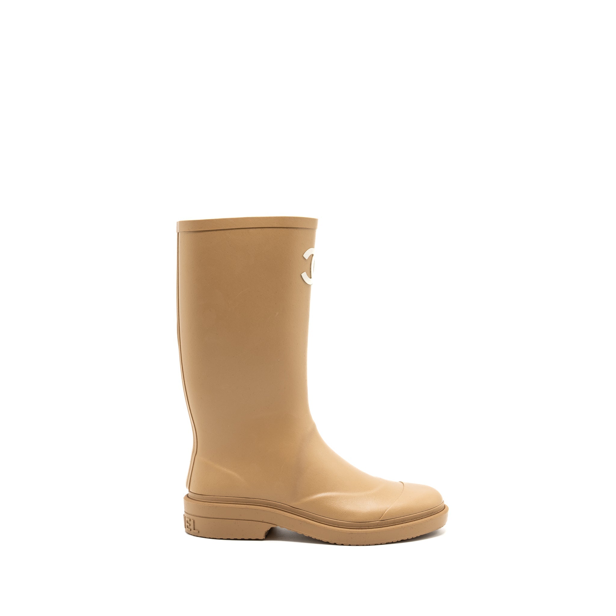 CHANEL WELLINGTON RAIN BOOTS RUBBER BEIGE