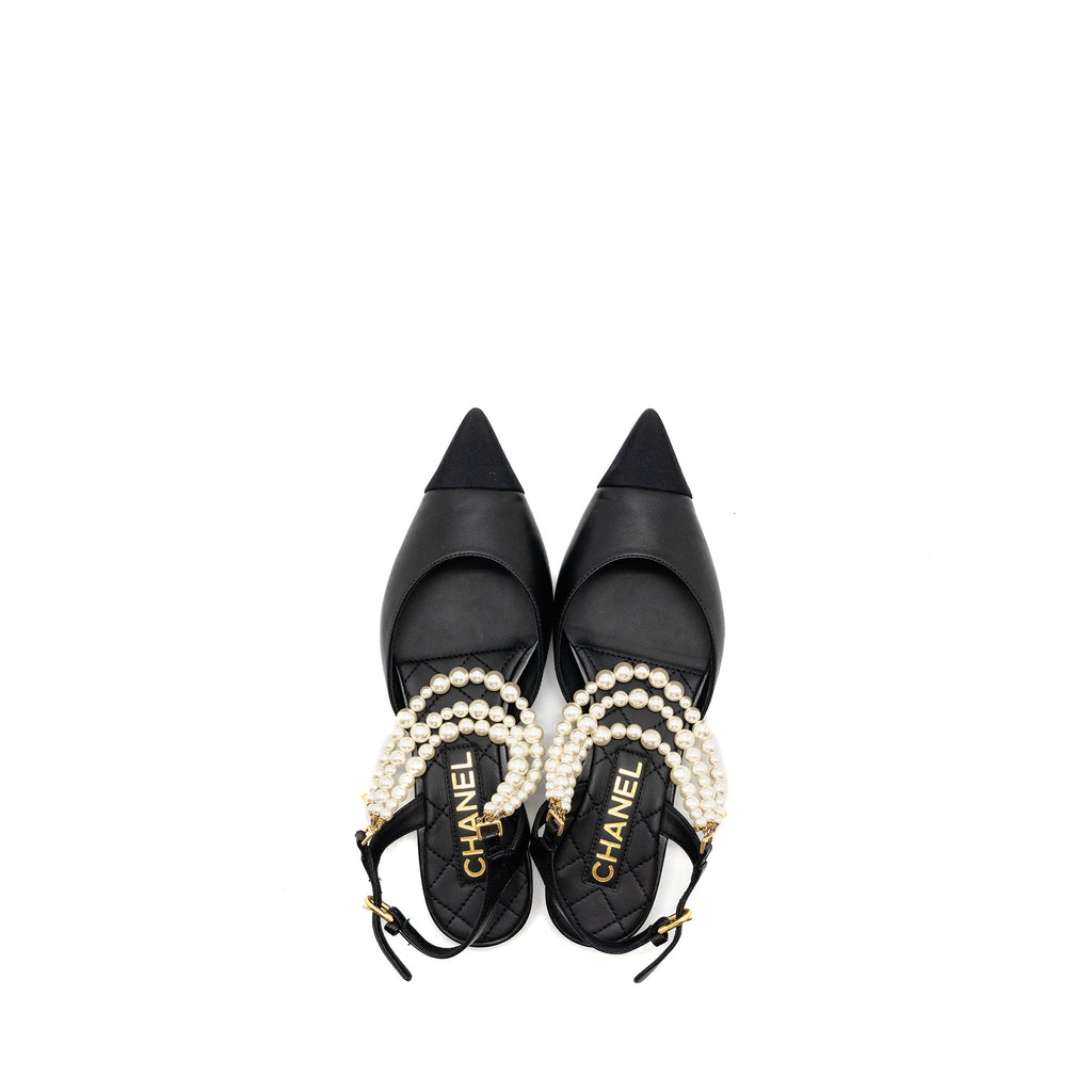 CHANEL 22A SLINGBACK MULES WITH PEARLS LAMBSKIN BLACK LGHW