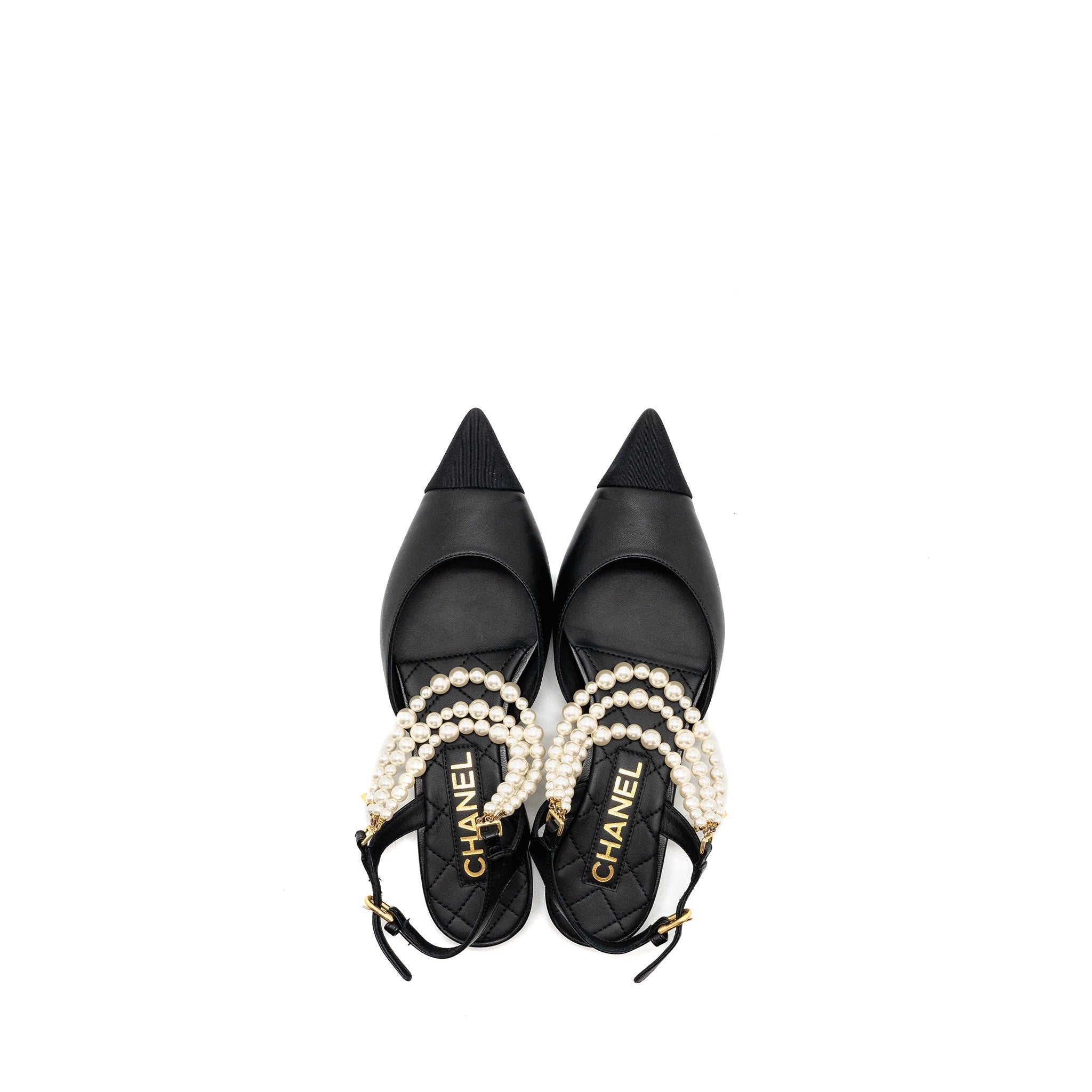 CHANEL 22A SLINGBACK MULES WITH PEARLS LAMBSKIN BLACK LGHW