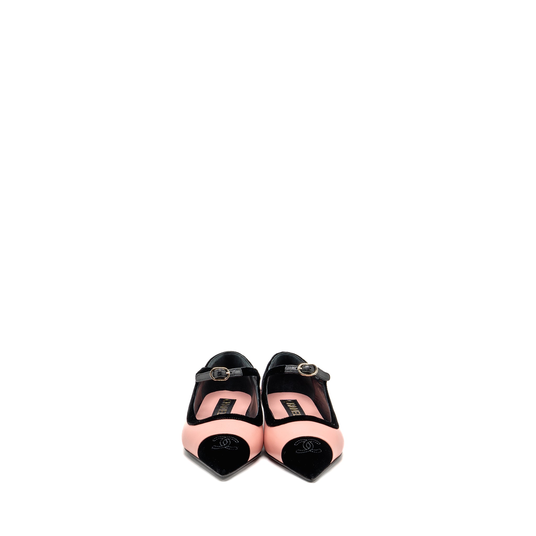 CHANEL MARY JANES LAMBSKIN/VELVET PINK/BLACK LGHW