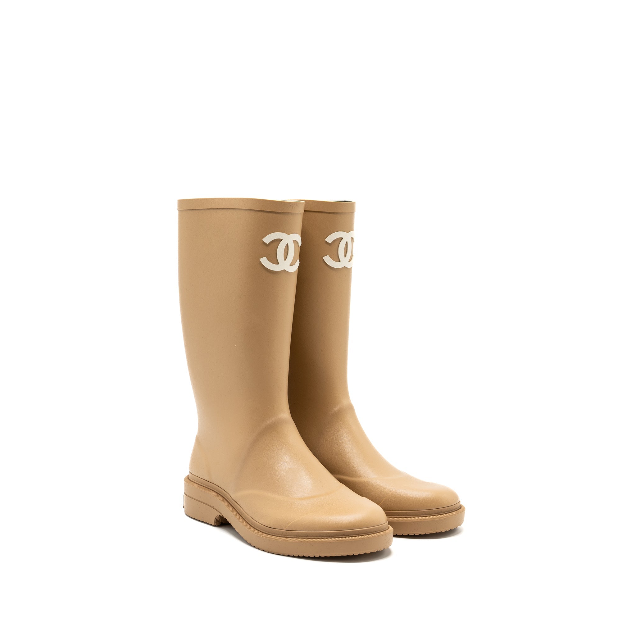CHANEL WELLINGTON RAIN BOOTS RUBBER BEIGE