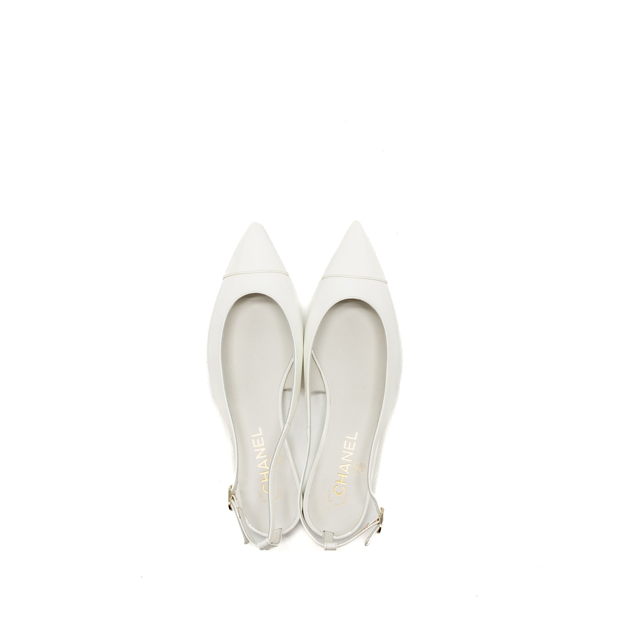 CHANEL 23K SLINGBACKS PATENT CALFSKIN WHITE LGHW