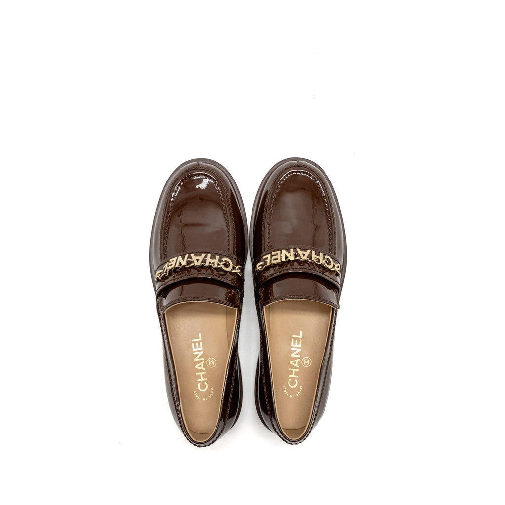 CHANEL LETTER LOGO LOAFERS PATENT CALFSKIN DARK BROWN LGHW