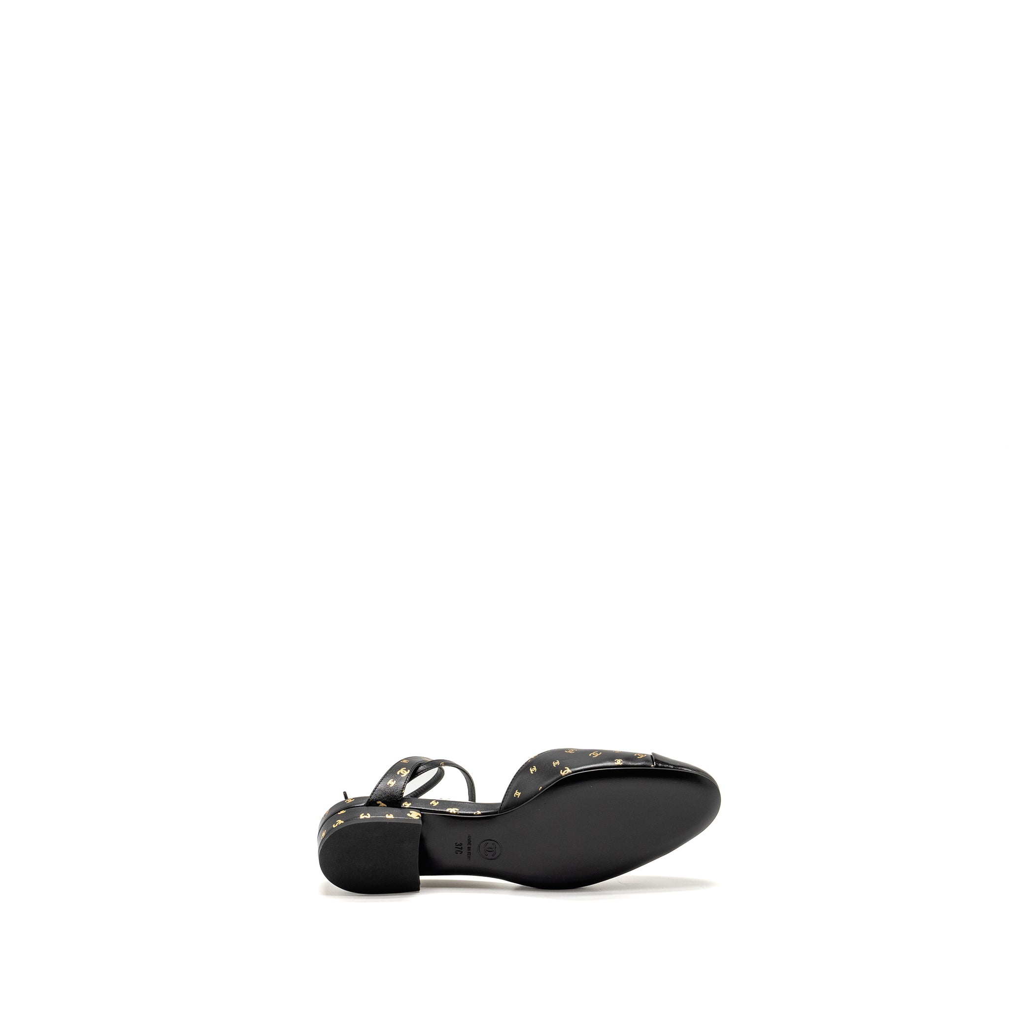 CHANEL CC LOGO PRINT SLINGBACKS LAMBSKIN/PATENT CALFSKIN BLACK/GOLD GHW