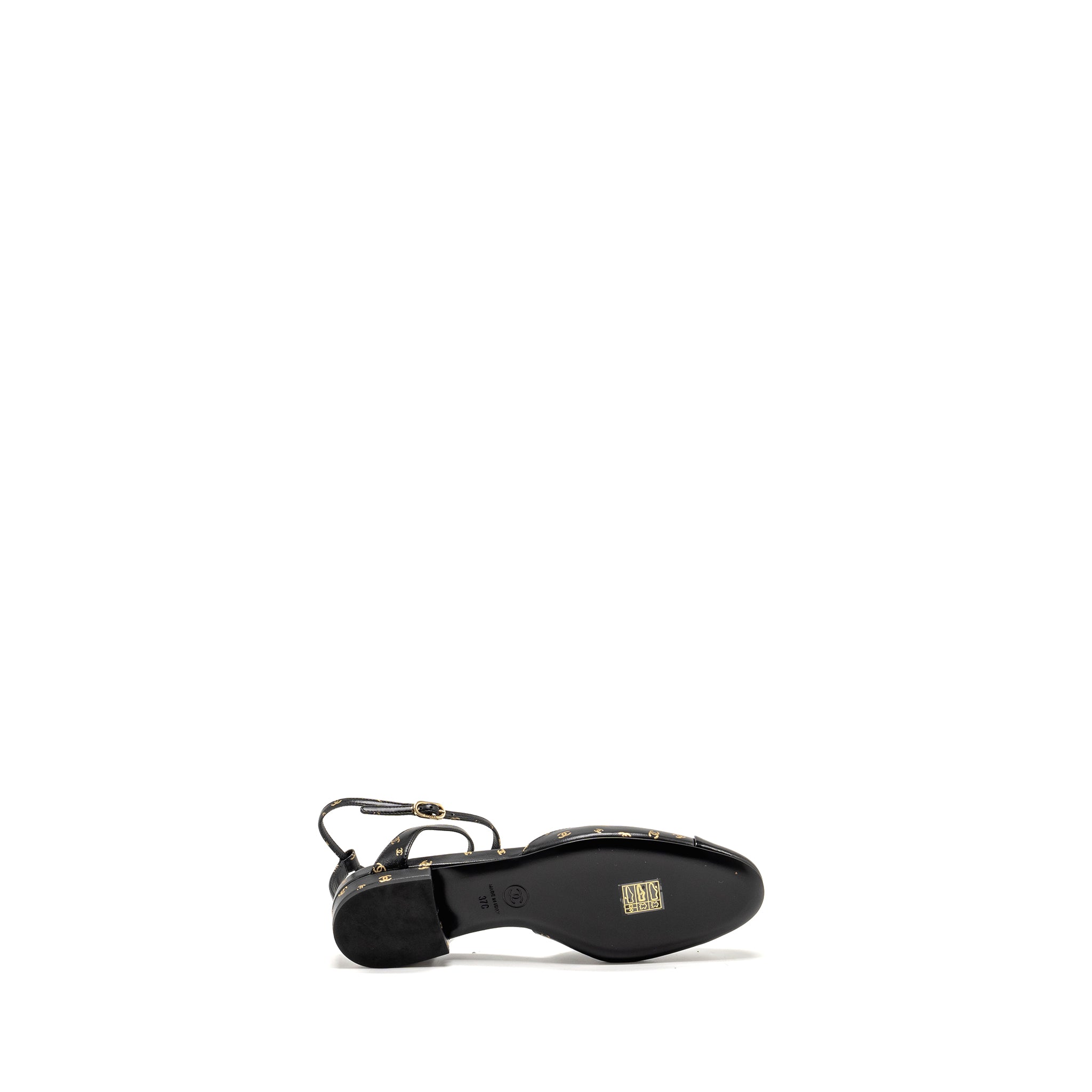 CHANEL CC LOGO PRINT SLINGBACKS LAMBSKIN/PATENT CALFSKIN BLACK/GOLD GHW
