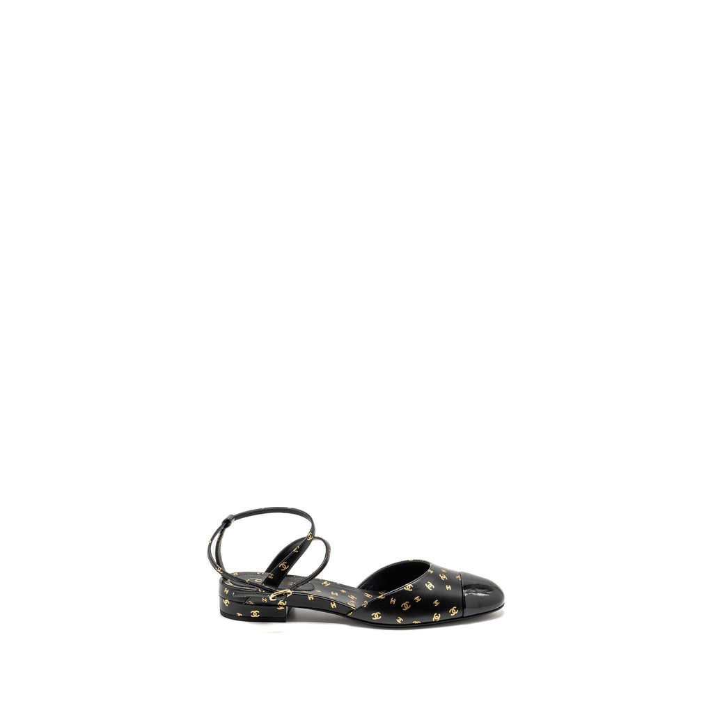 CHANEL CC LOGO PRINT SLINGBACKS LAMBSKIN/PATENT CALFSKIN BLACK/GOLD GHW
