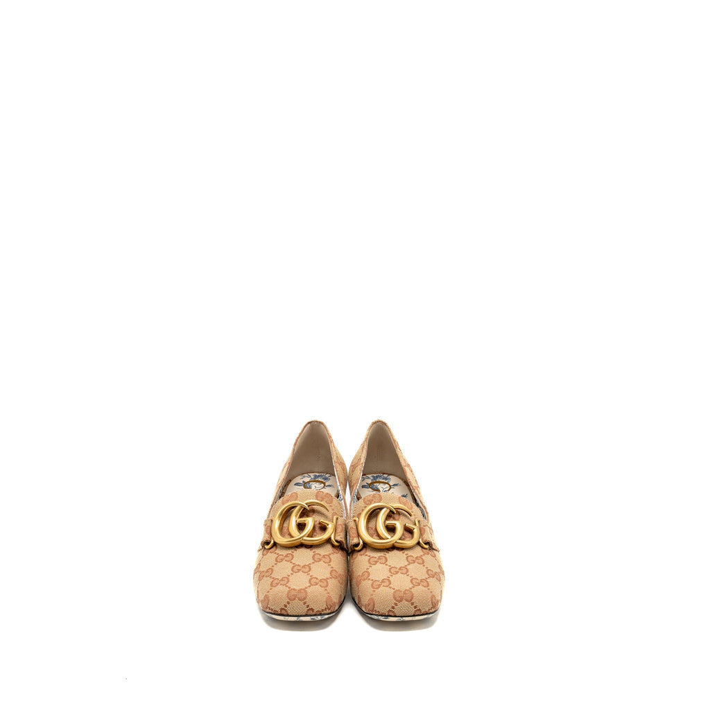 GUCCI VICTOIRE GG MARMONT BLOCK HEEL PUMPS CANVAS BEIGE GHW