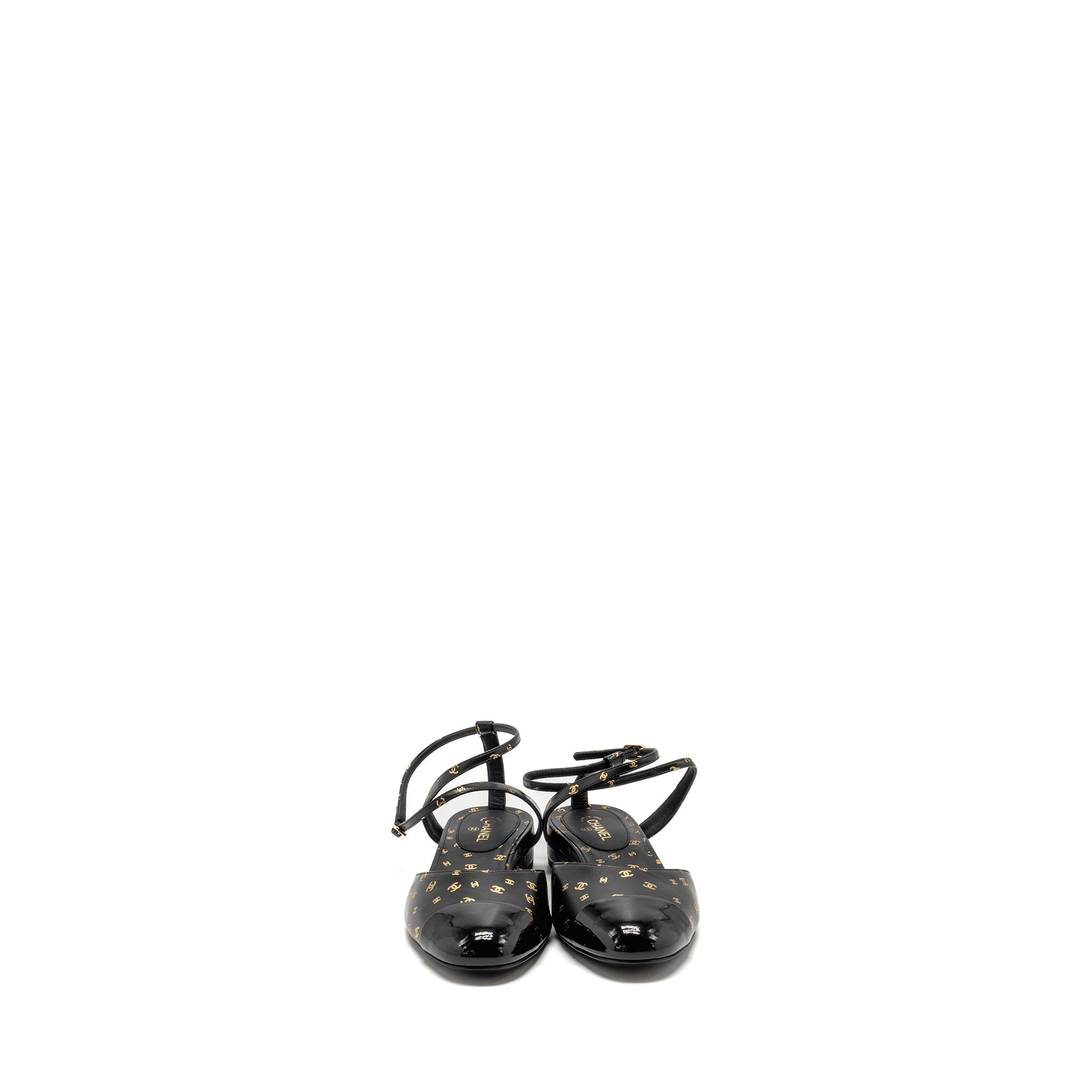 CHANEL CC LOGO PRINT SLINGBACKS LAMBSKIN/PATENT CALFSKIN BLACK/GOLD GHW