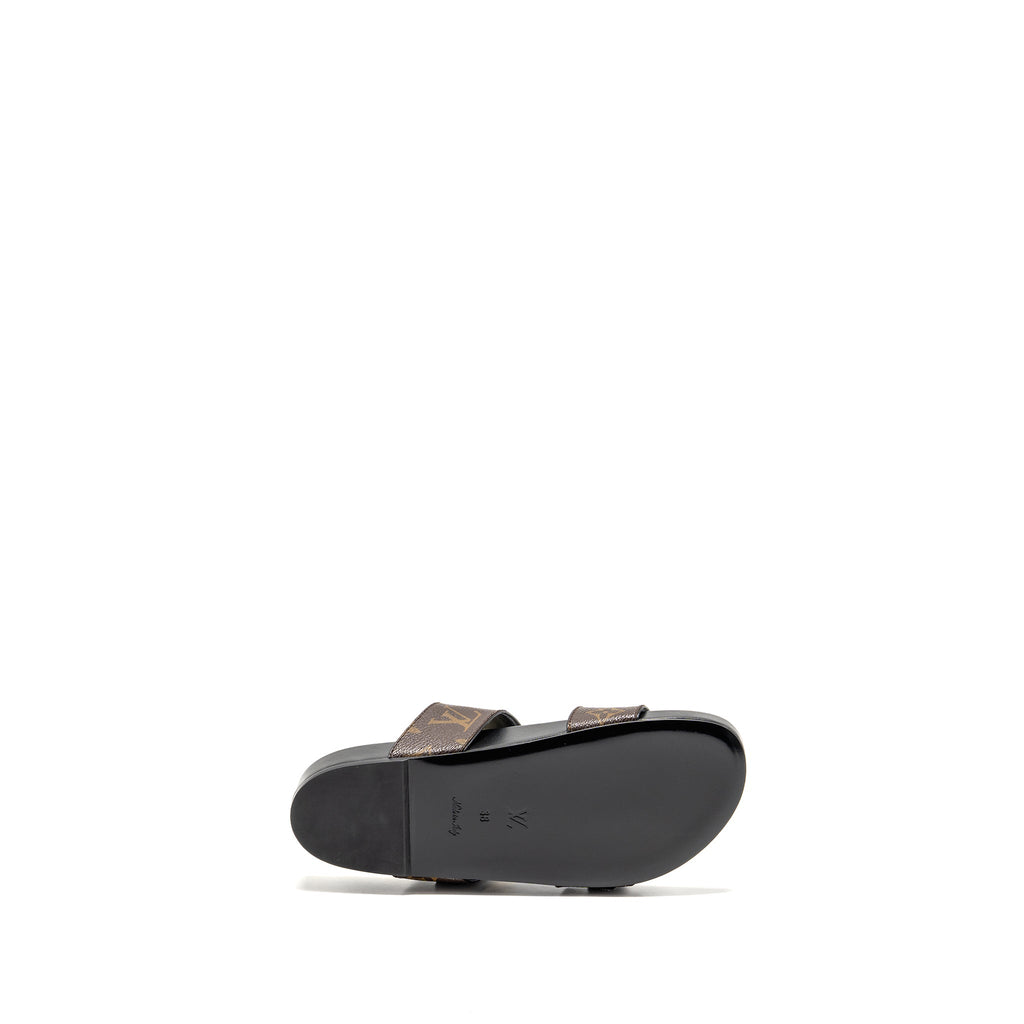 LOUIS VUITTON BOM DIA FLAT COMFORT MULE PATENT MONOGRAM CANVAS CACAO BROWN GHW