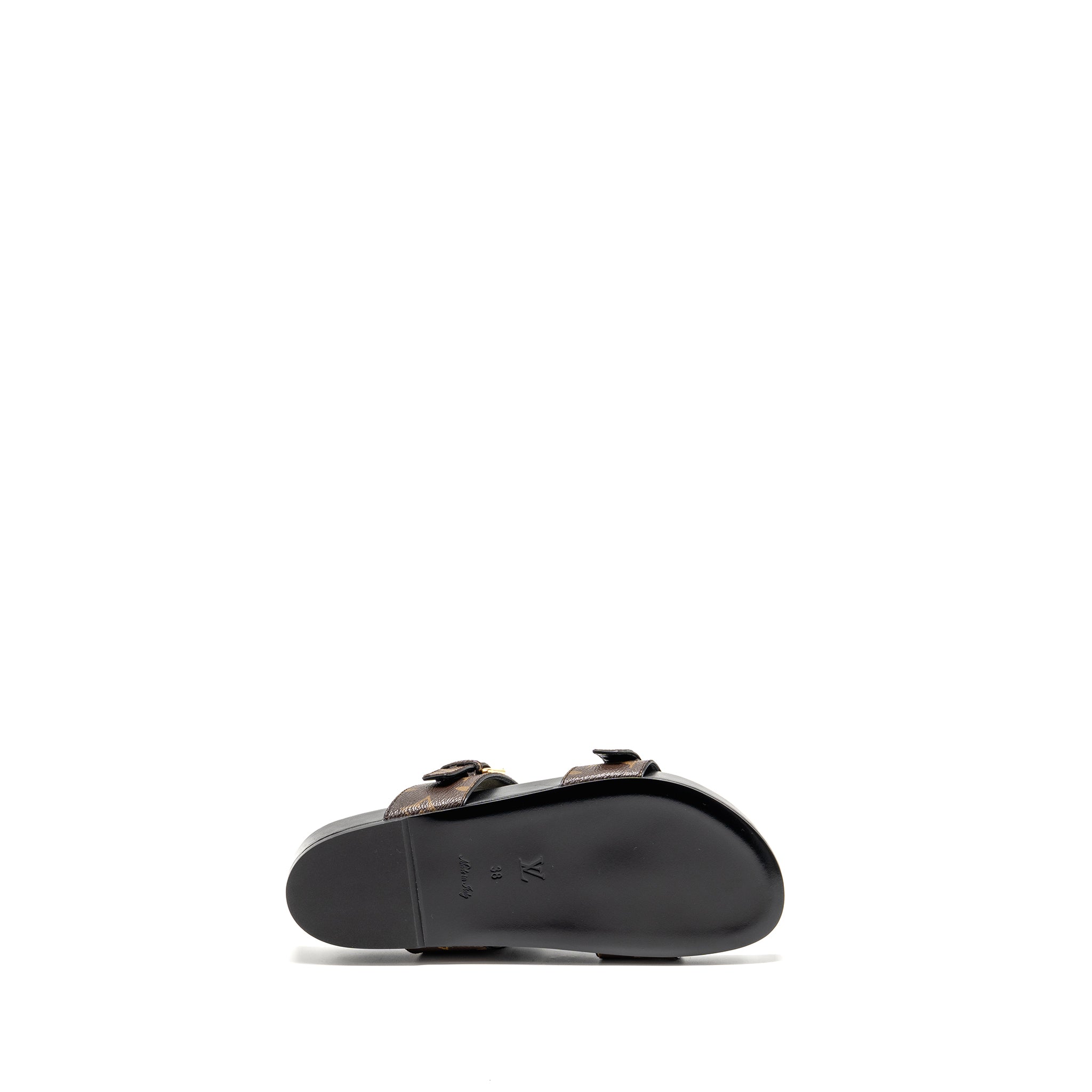 LOUIS VUITTON BOM DIA FLAT COMFORT MULE PATENT MONOGRAM CANVAS CACAO BROWN GHW