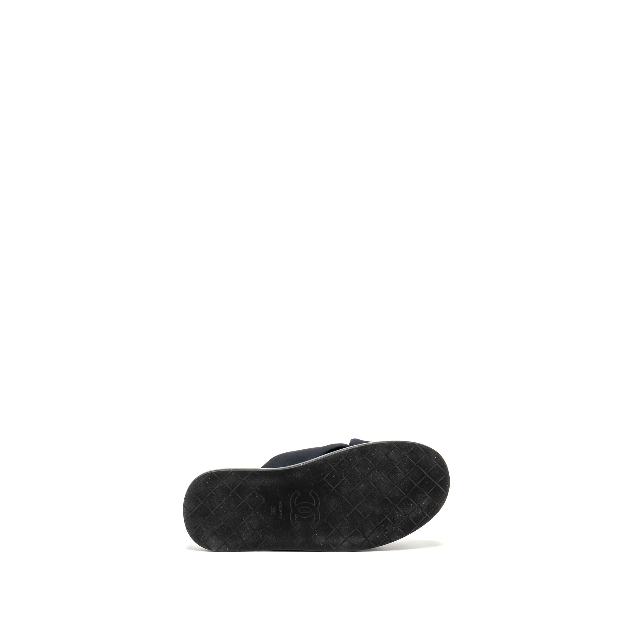 CHANEL CC PUFFY MULE SANDALS FABRIC/LEATHER BLACK GHW