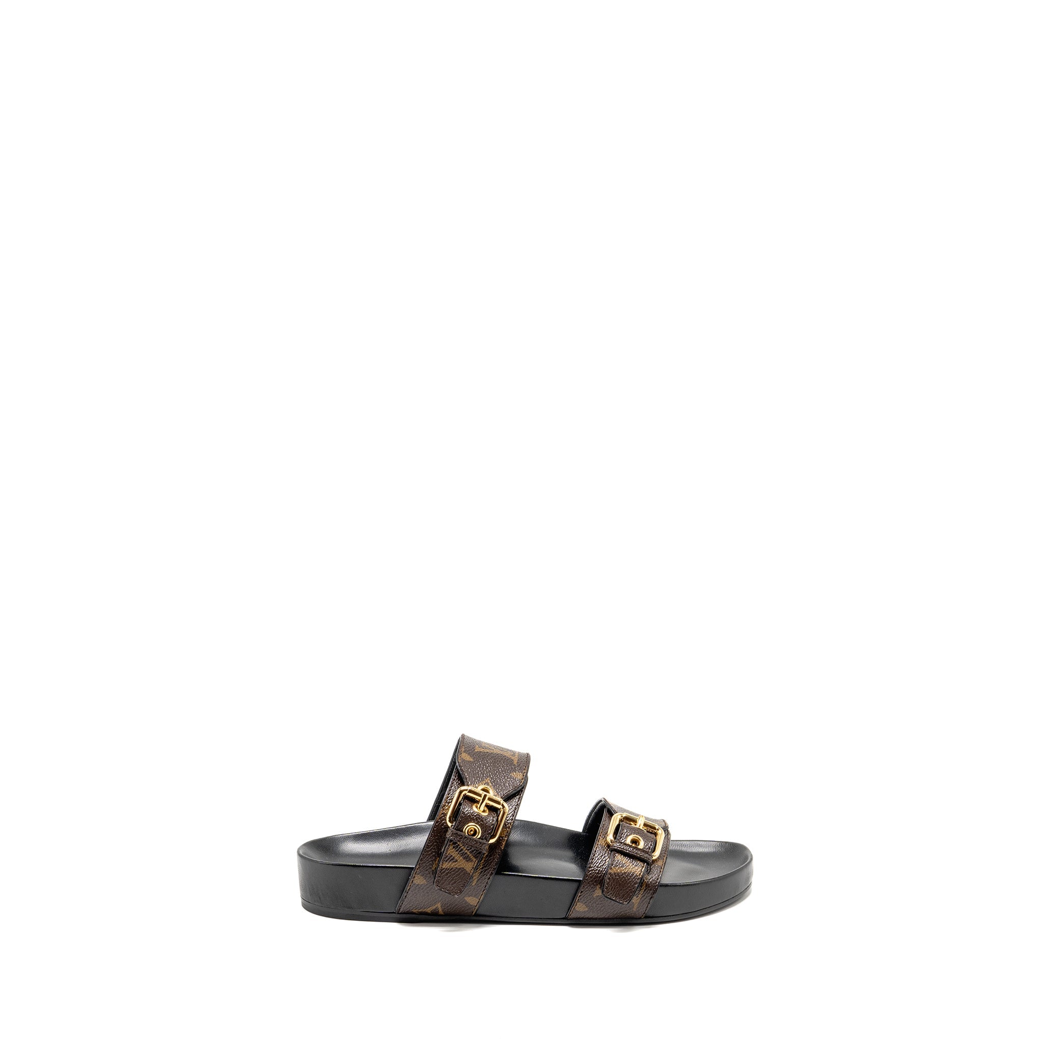 LOUIS VUITTON BOM DIA FLAT COMFORT MULE PATENT MONOGRAM CANVAS CACAO BROWN GHW