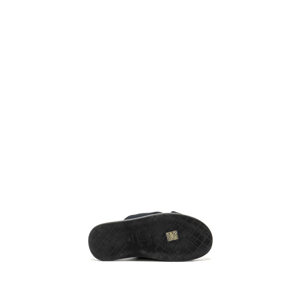 CHANEL CC PUFFY MULE SANDALS FABRIC/LEATHER BLACK GHW