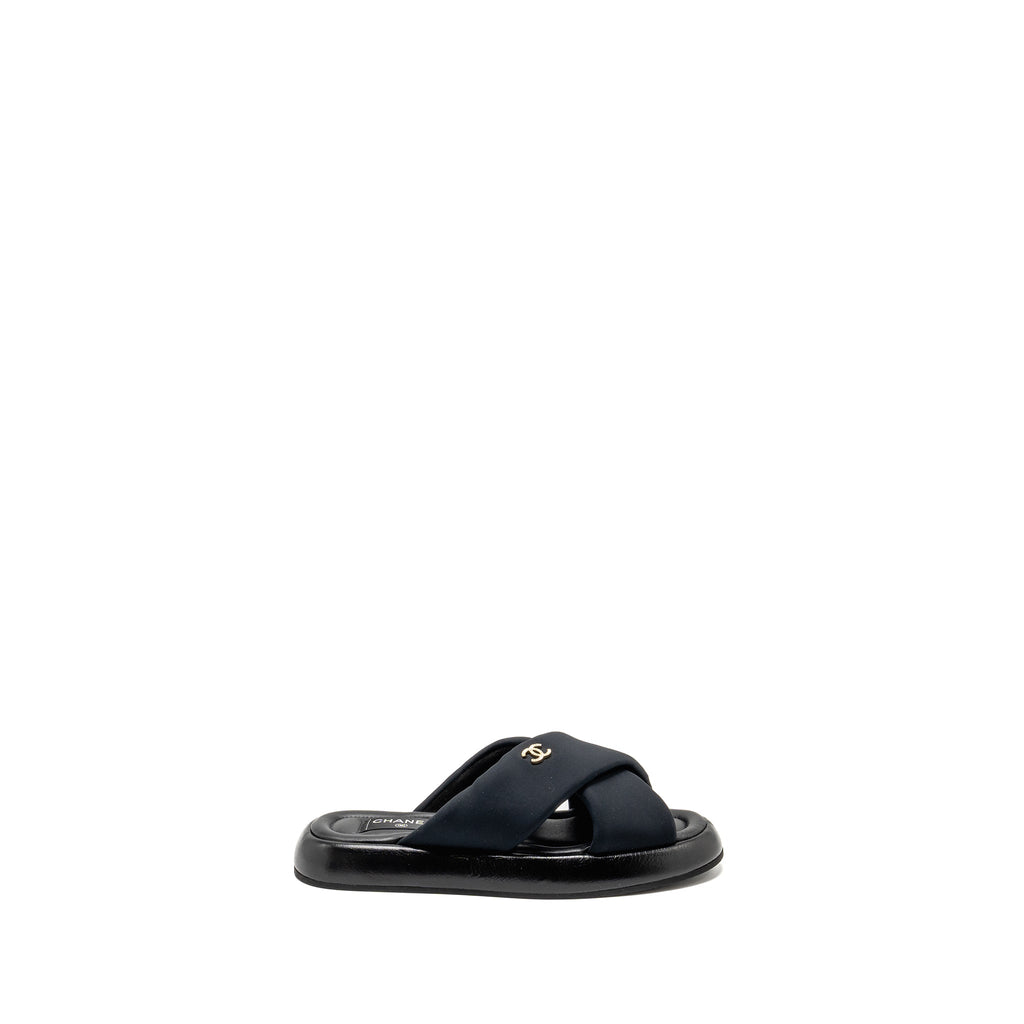 CHANEL CC PUFFY MULE SANDALS FABRIC/LEATHER BLACK GHW
