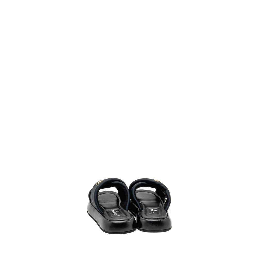 CHANEL CC PUFFY MULE SANDALS FABRIC/LEATHER BLACK GHW