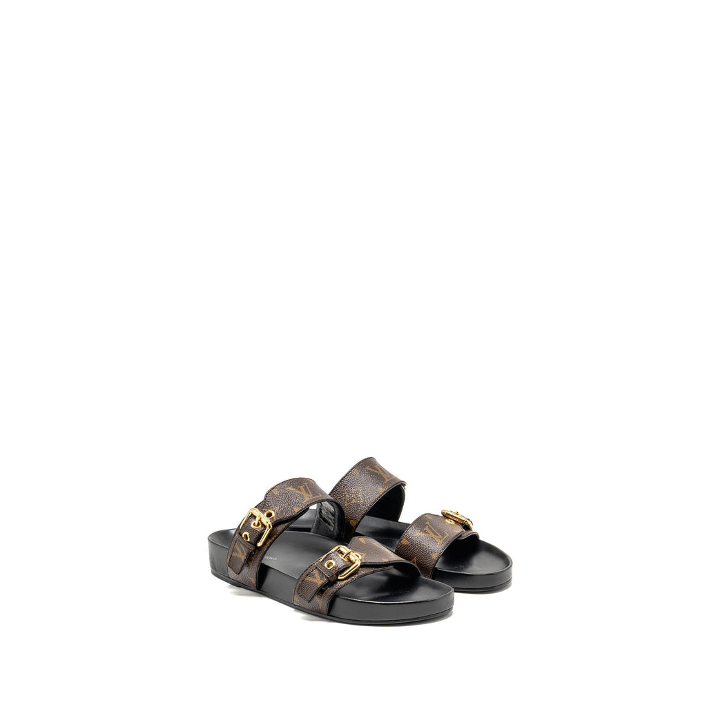 LOUIS VUITTON BOM DIA FLAT COMFORT MULE PATENT MONOGRAM CANVAS CACAO BROWN GHW
