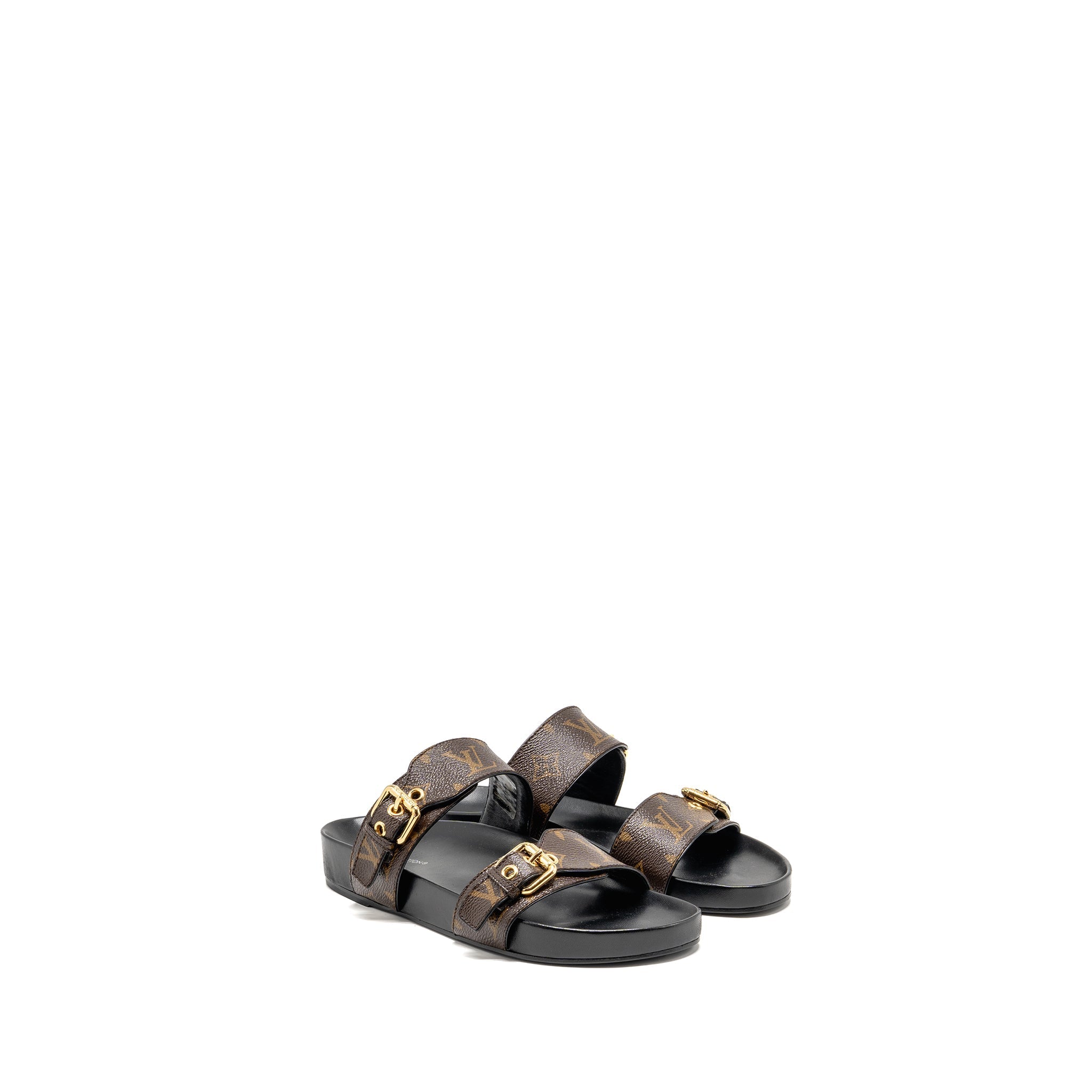 LOUIS VUITTON BOM DIA FLAT COMFORT MULE PATENT MONOGRAM CANVAS CACAO BROWN GHW