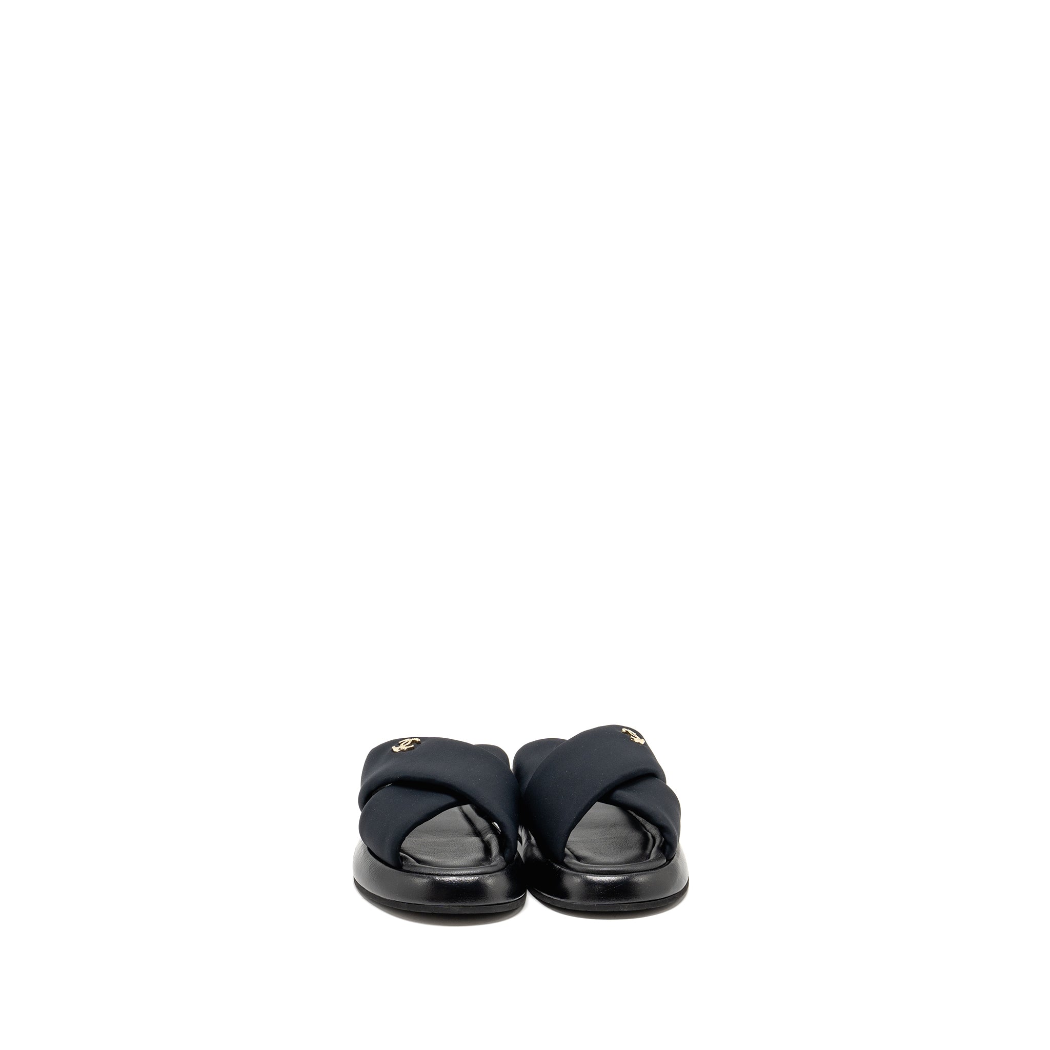 CHANEL CC PUFFY MULE SANDALS FABRIC/LEATHER BLACK GHW