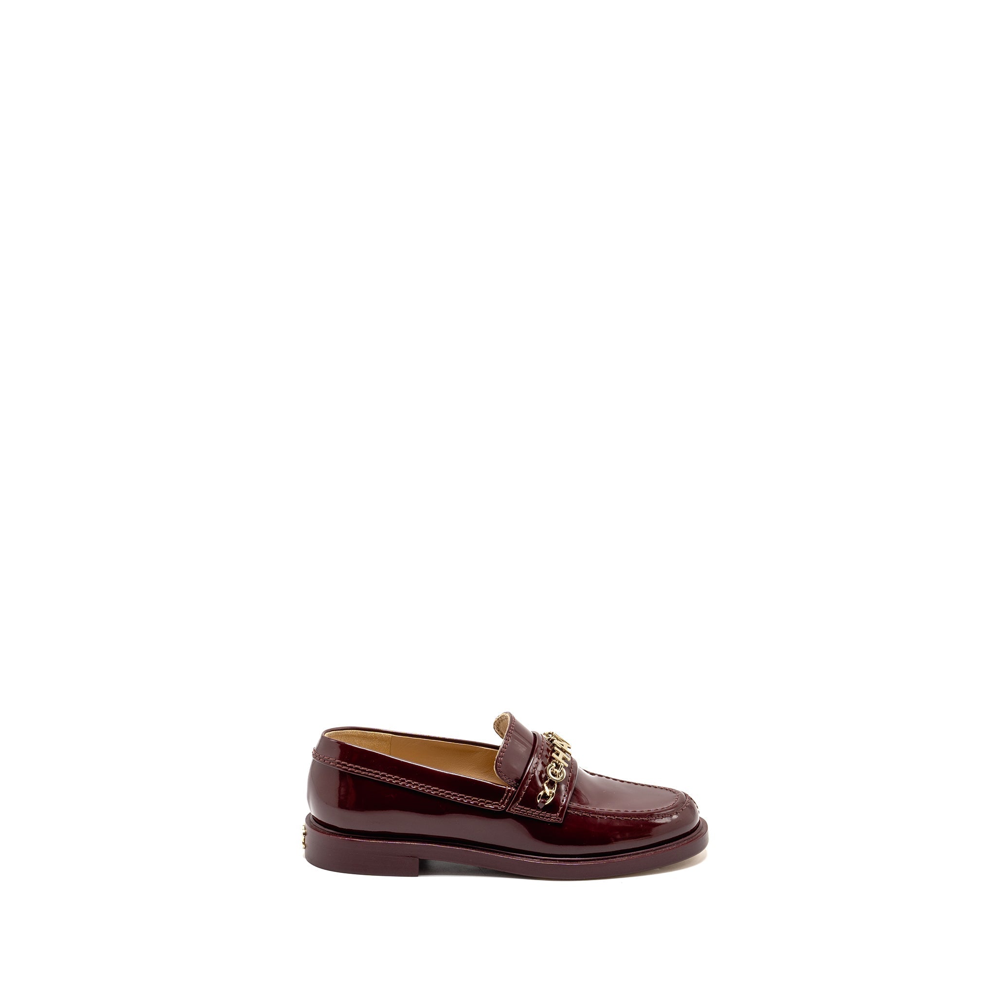 CHANEL LETTER LOAFERS PATENT LEATHER BURGUNDY LGHW