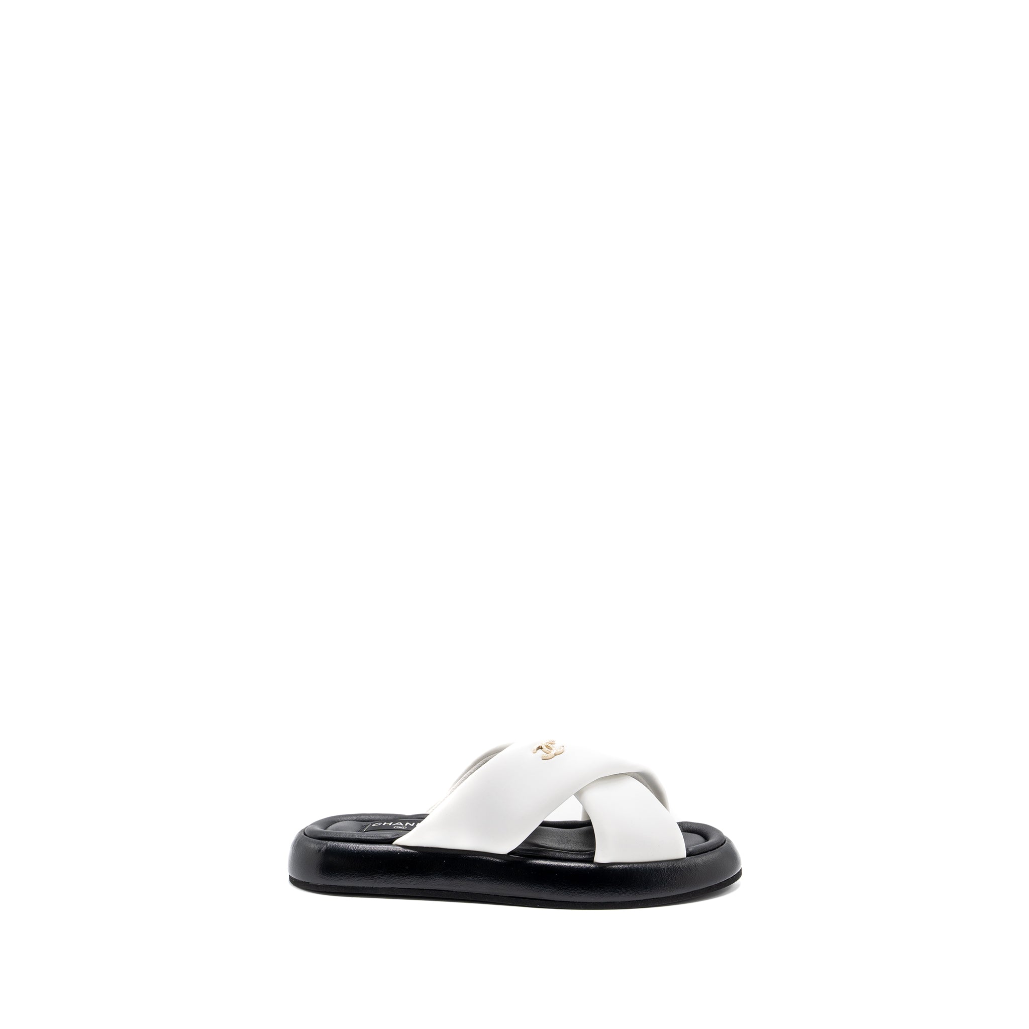 CHANEL QUILTED SANDAL LAMBSKIN WHITE/BLACK LGHW