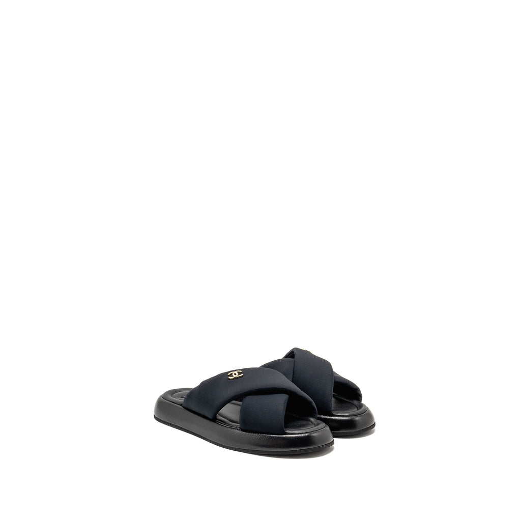 CHANEL CC PUFFY MULE SANDALS FABRIC/LEATHER BLACK GHW
