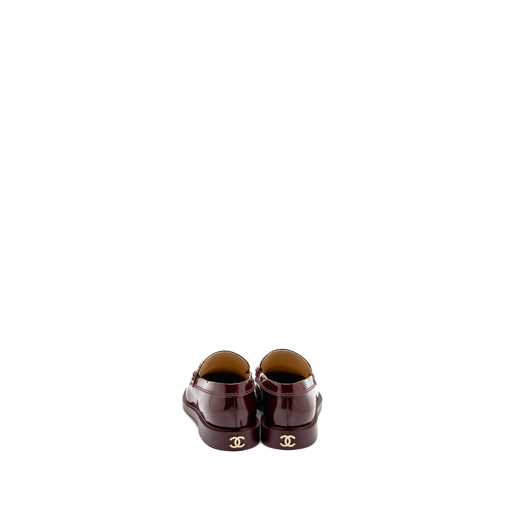 CHANEL LETTER LOAFERS PATENT LEATHER BURGUNDY LGHW