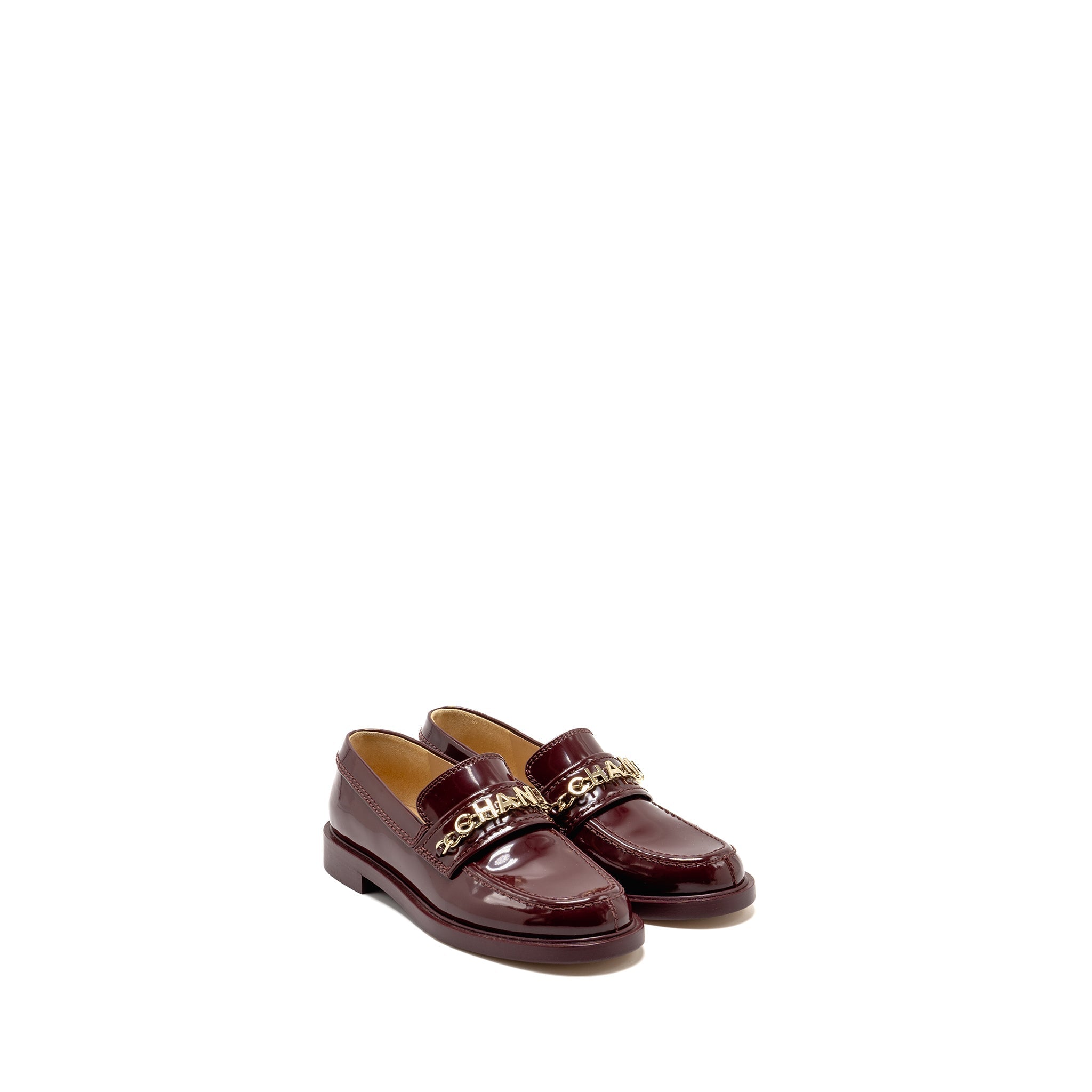 CHANEL LETTER LOAFERS PATENT LEATHER BURGUNDY LGHW