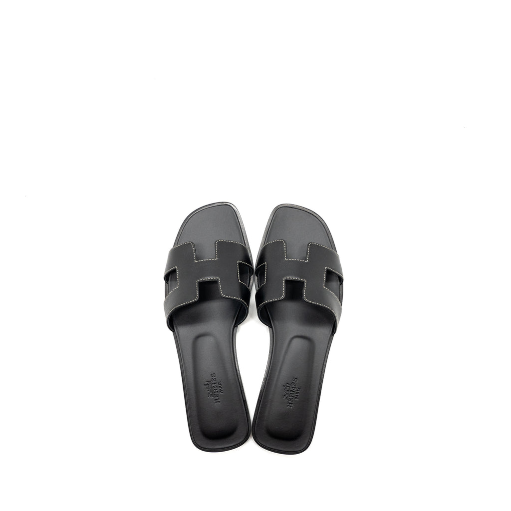 HERMES ORAN SANDAL BOX CALFSKIN BLACK
