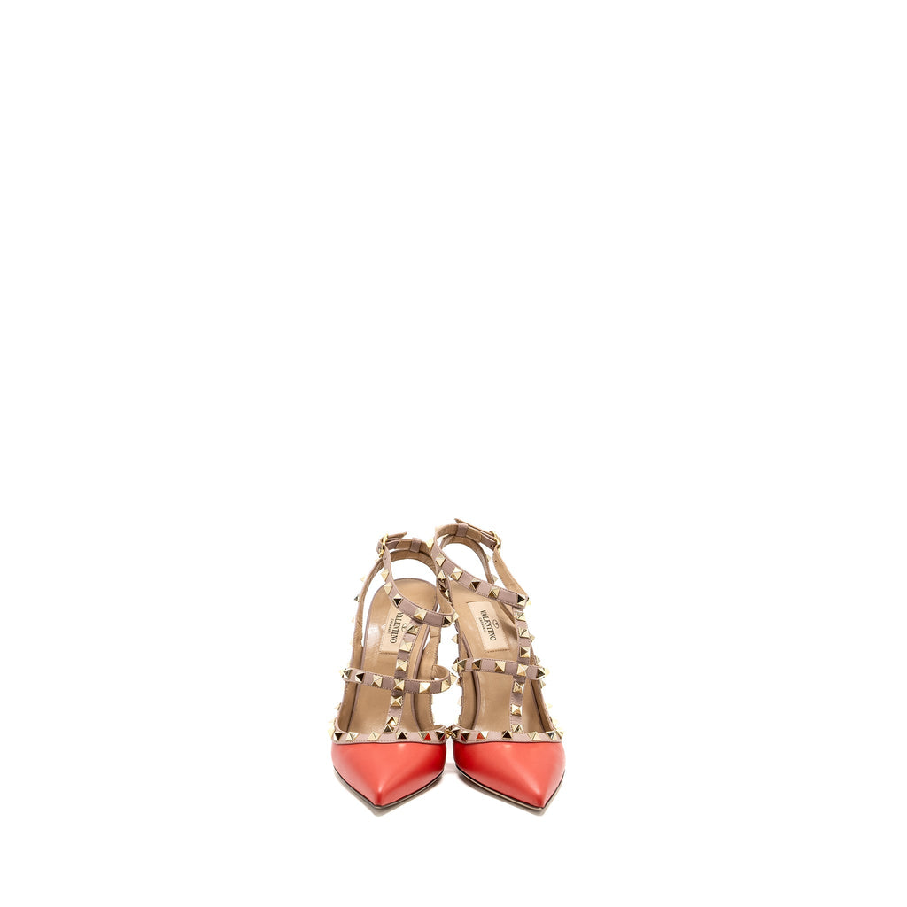 VALENTINO GARAVANI ROCKSTUD SLINGBACK HEELS LEATHER ORANGE RED