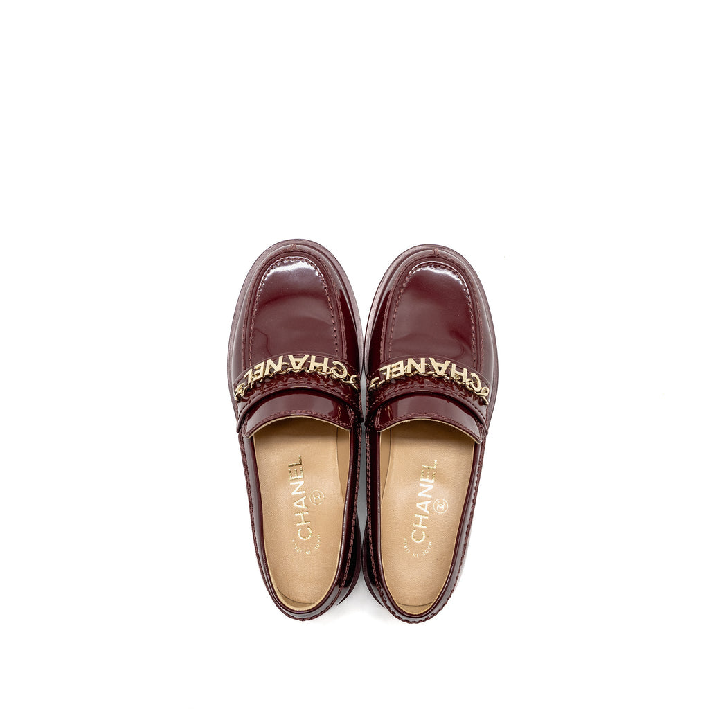 CHANEL LETTER LOAFERS PATENT LEATHER BURGUNDY LGHW