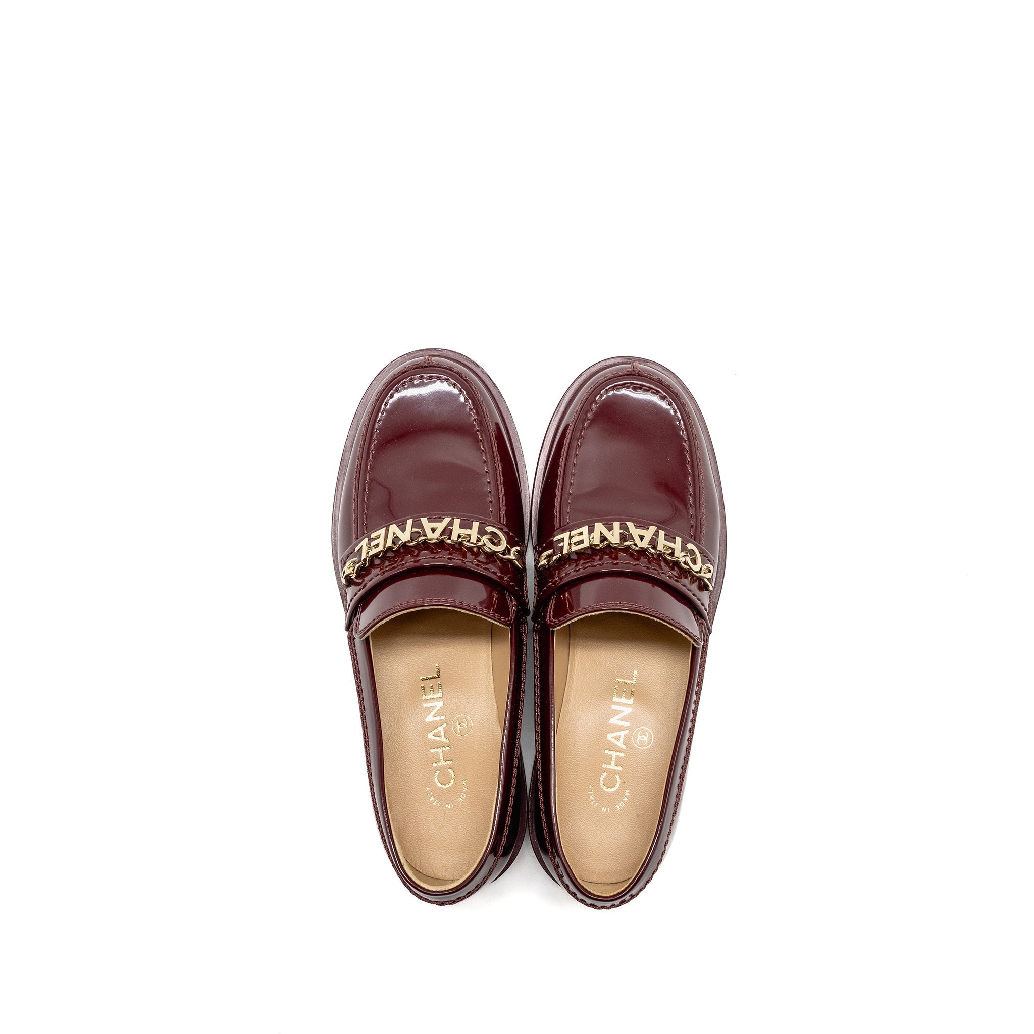 CHANEL LETTER LOAFERS PATENT LEATHER BURGUNDY LGHW