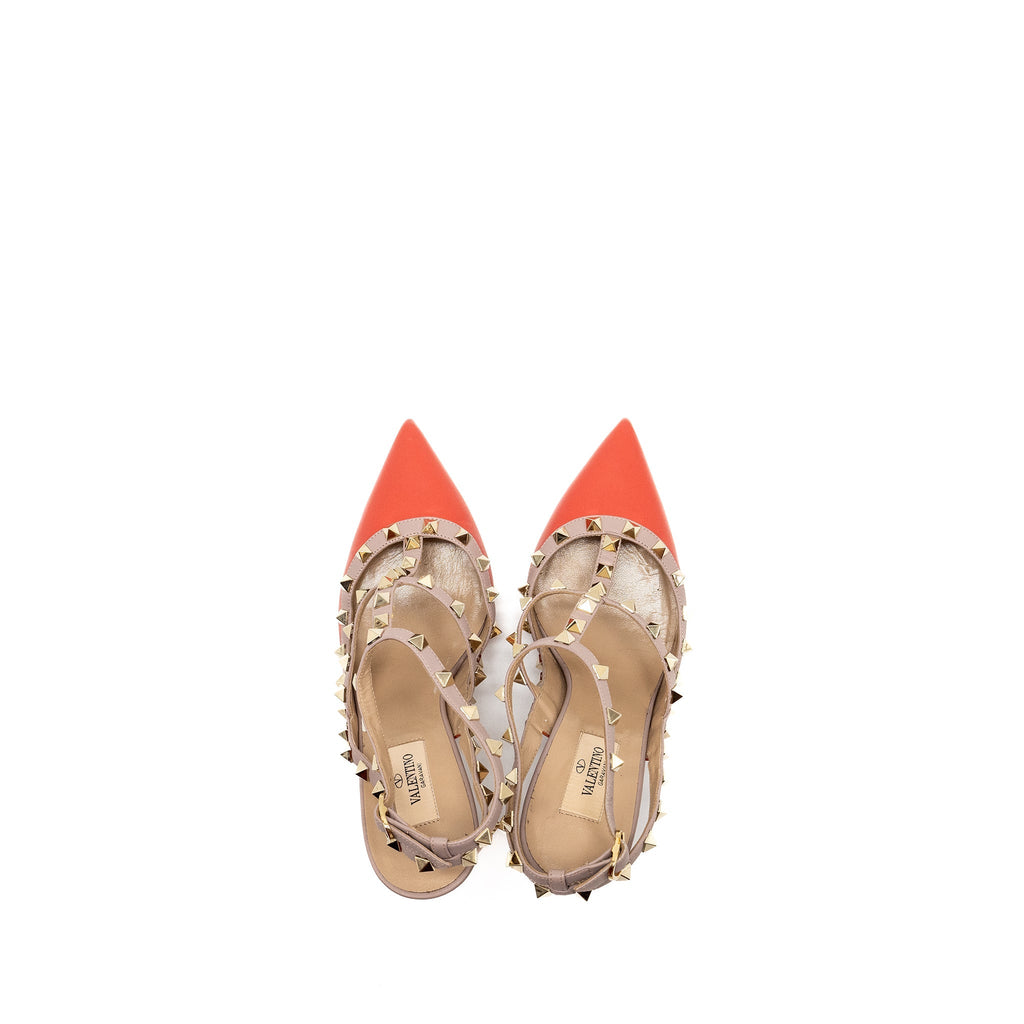 VALENTINO GARAVANI ROCKSTUD SLINGBACK HEELS LEATHER ORANGE RED