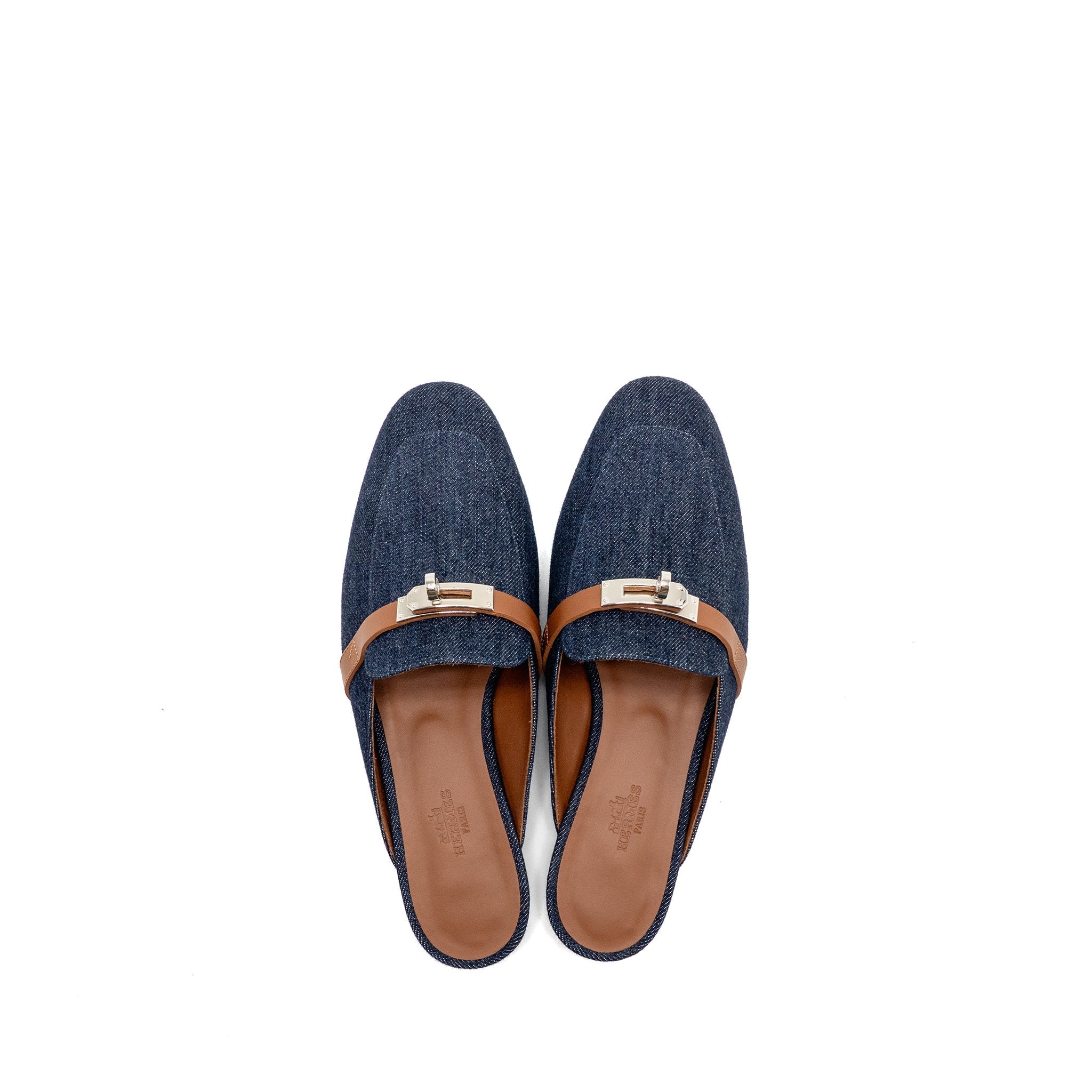 HERMES OZ MULE CALFSKIN/DENIM CANVAS BLEU BRUT/GOLD SHW