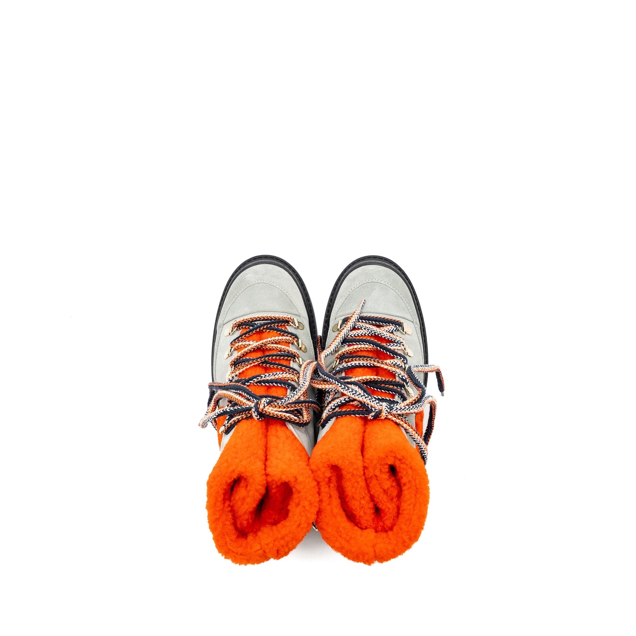 CHANEL LACE UP BOOTS SUEDE LEATHER / SHEARLING GREY / ORANGE