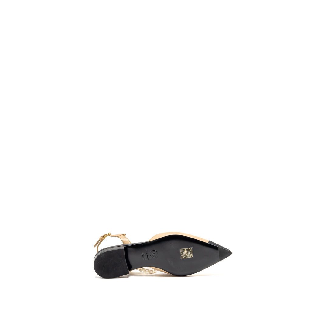 CHANEL SLINGBACK WITH PEARL STRAPS BEIGE/ BLACK