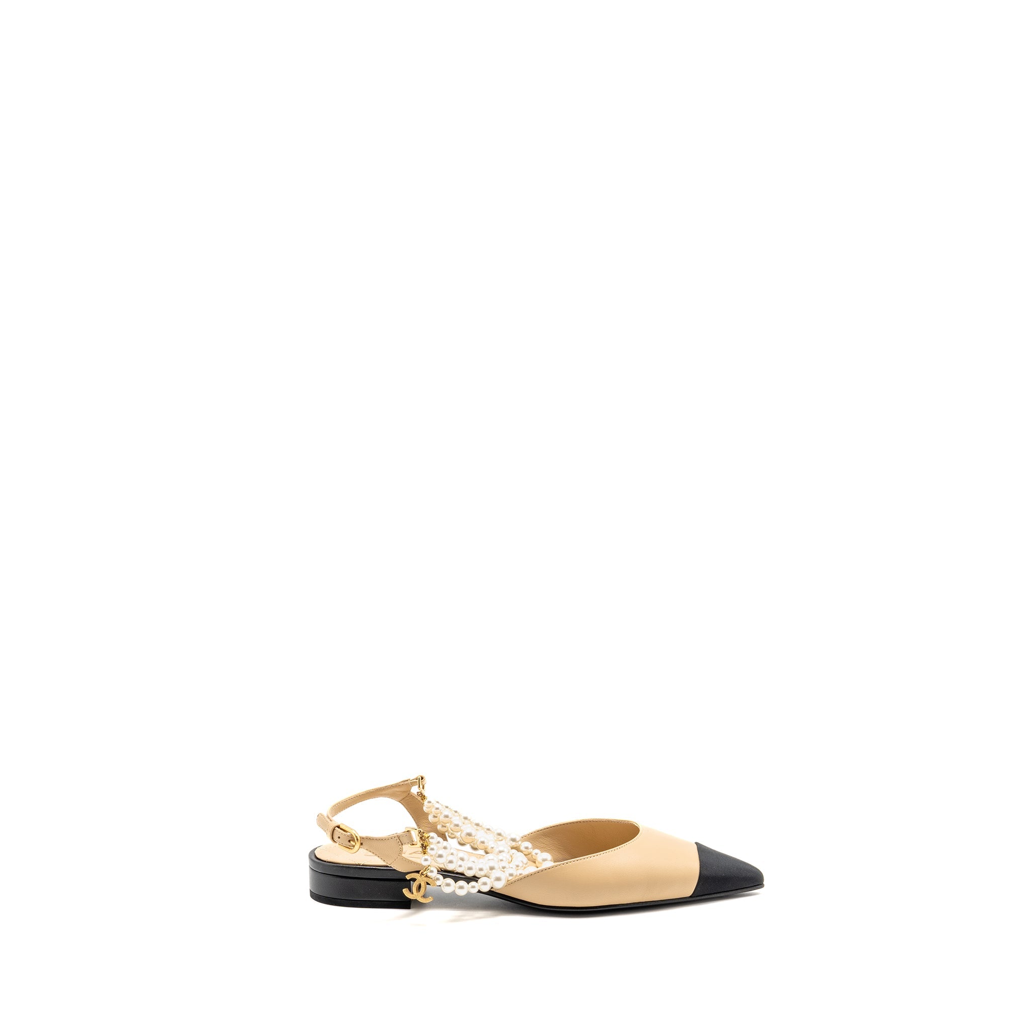 CHANEL SLINGBACK WITH PEARL STRAPS BEIGE/ BLACK