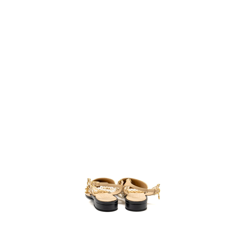 CHANEL SLINGBACK WITH PEARL STRAPS BEIGE/ BLACK