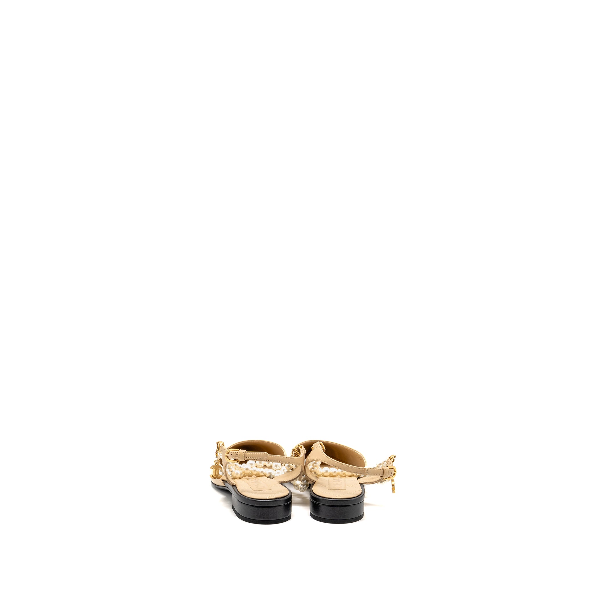 CHANEL SLINGBACK WITH PEARL STRAPS BEIGE/ BLACK