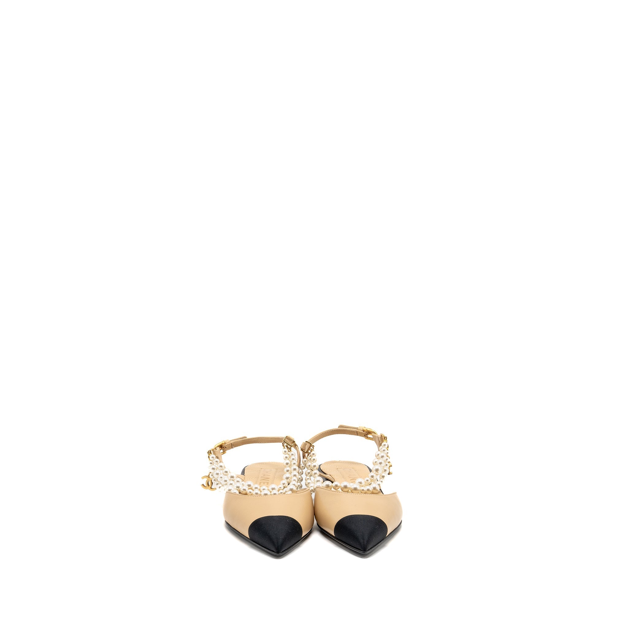 CHANEL SLINGBACK WITH PEARL STRAPS BEIGE/ BLACK